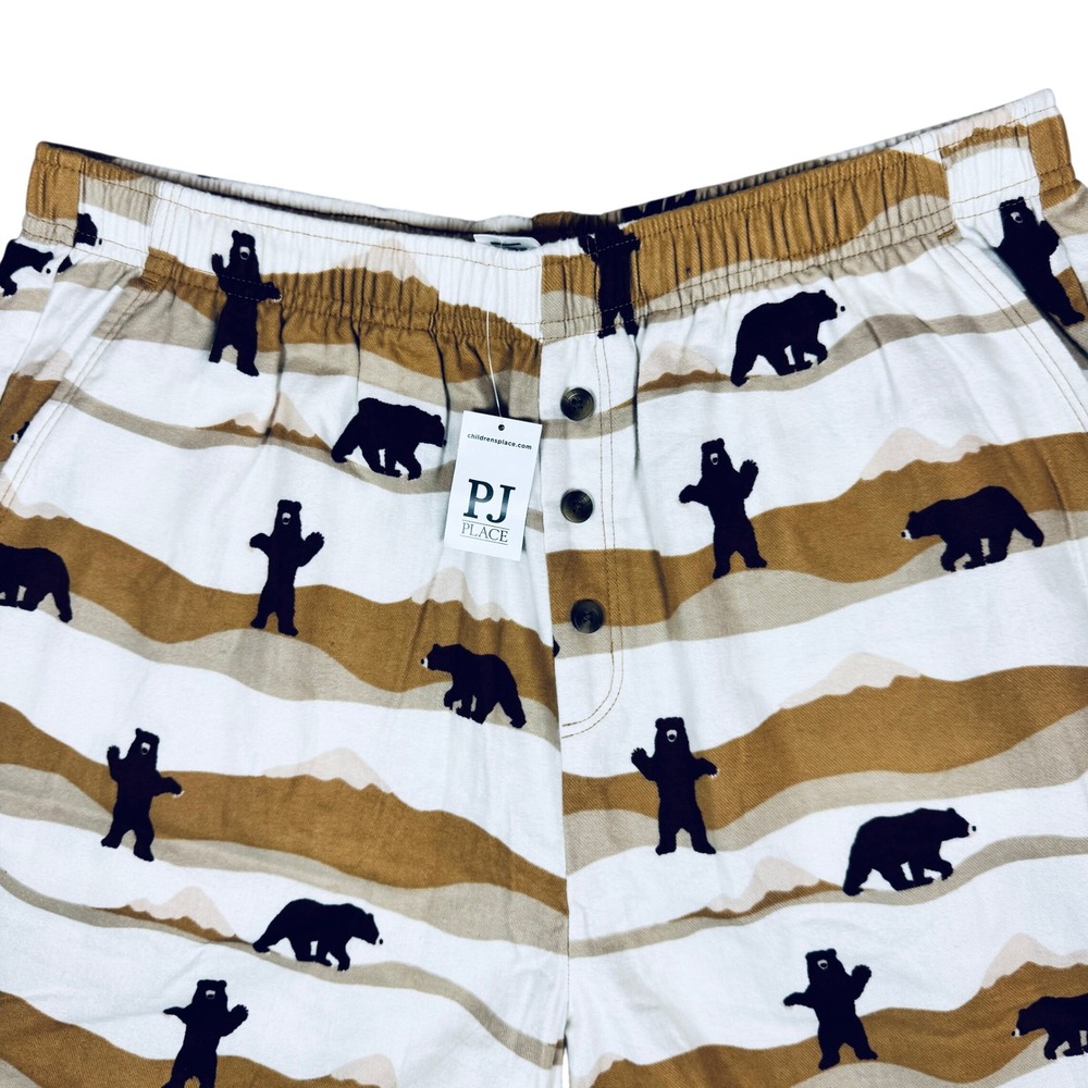 NWT PJ Place Sleep Shorts Mens Large Tan Bear Print Cotton Elastic Waist Cabin